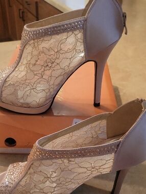 Lace & Mesh Peep-Toe High Heel Booties in Light Pink